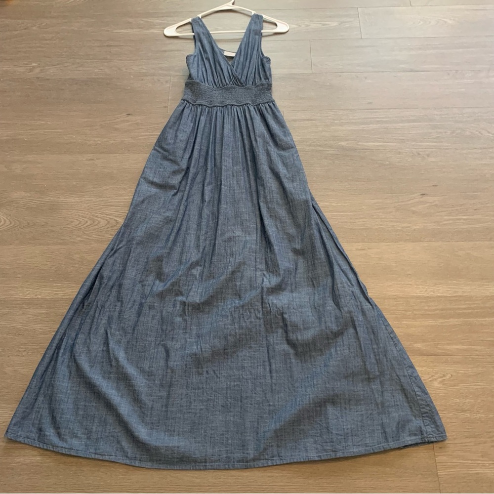 eShakti Denim-Style Blue Sleeveless Smocked Waist Maxi Dress
